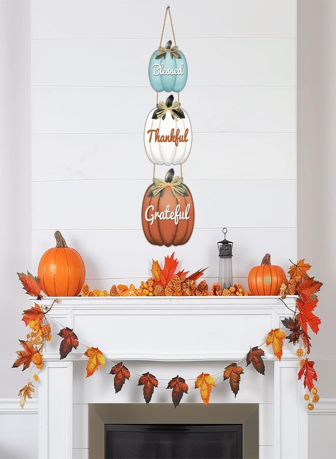 YUNKKIN Fall Door Decor Pumpkin Wall Decor with Raffia Bow Thanksgiving Wreath Blessed Grateful Thankful Sign Wooden Front Door Hanger for Harvest Thanksgiving Porch Indoor Outdoor Home Decorations - Image 4